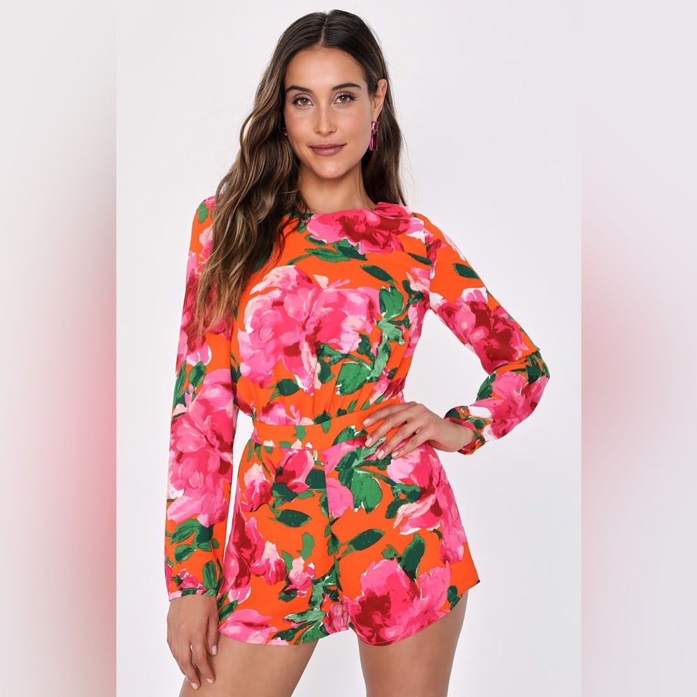 Lulu's Sweetest Song Orange Floral Romper Low V Back Long Sleeve Size S